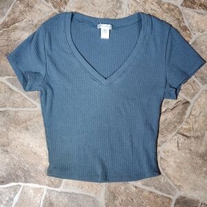 Bozzolo Deep Blue V-Neck Ribbed Tee